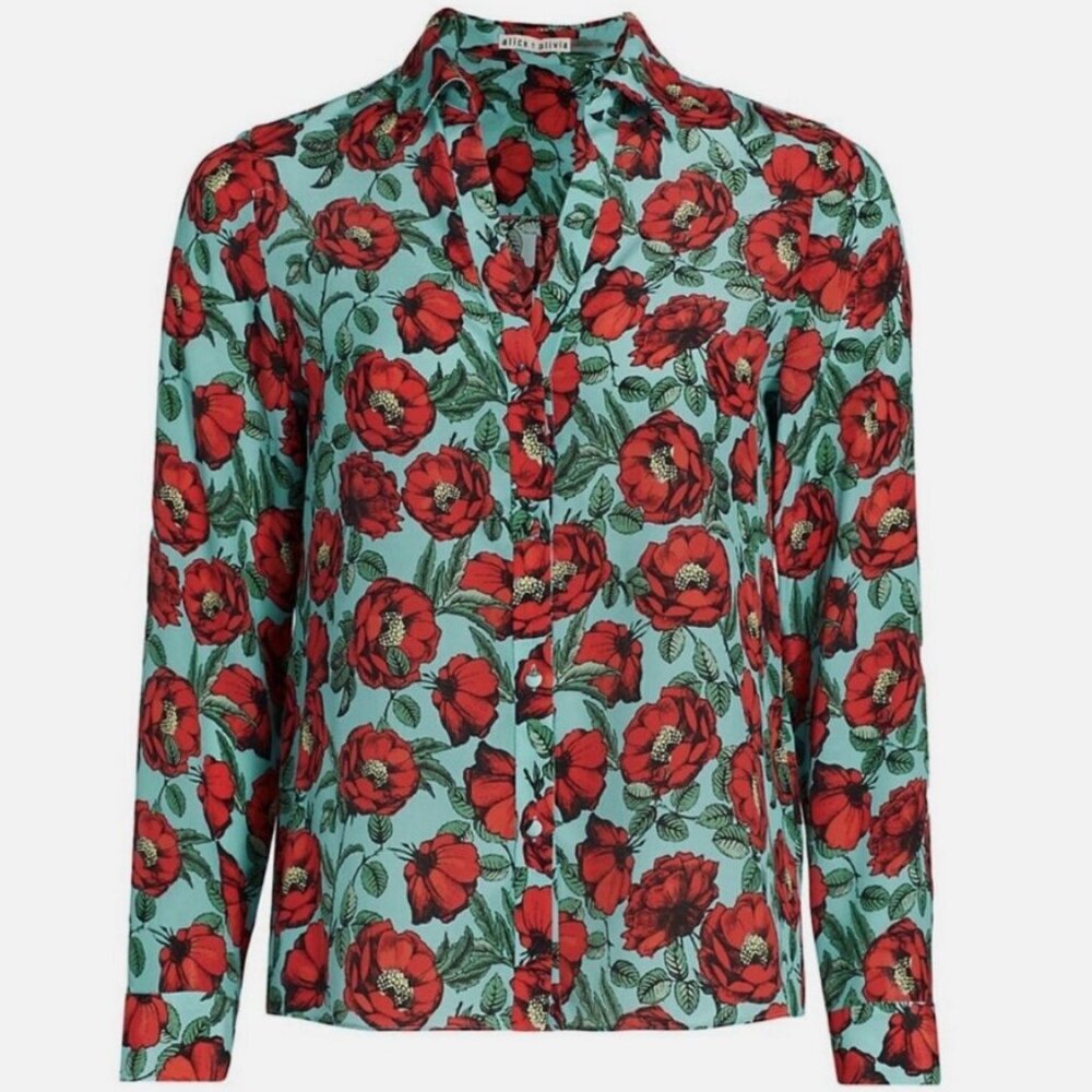 ALICE+OLIVIA SILK BLOUSE BUTTON DOWN PREPPY CHIC TRENDY GREEN RED FLORAL
SZ XS - Picture 13 of 14
